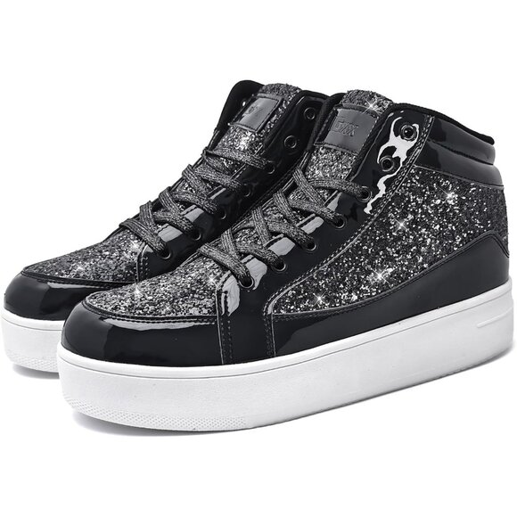 Women's Black Shiny Glitter Sequin Shoes High Top Sneakers Fashion Bling - Picture 4 of 6